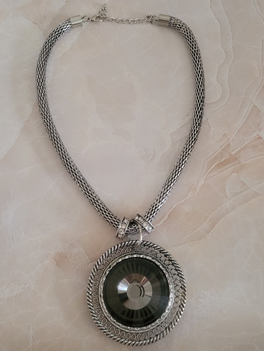 Silver-Tone Necklace with Gray Clear Pendant